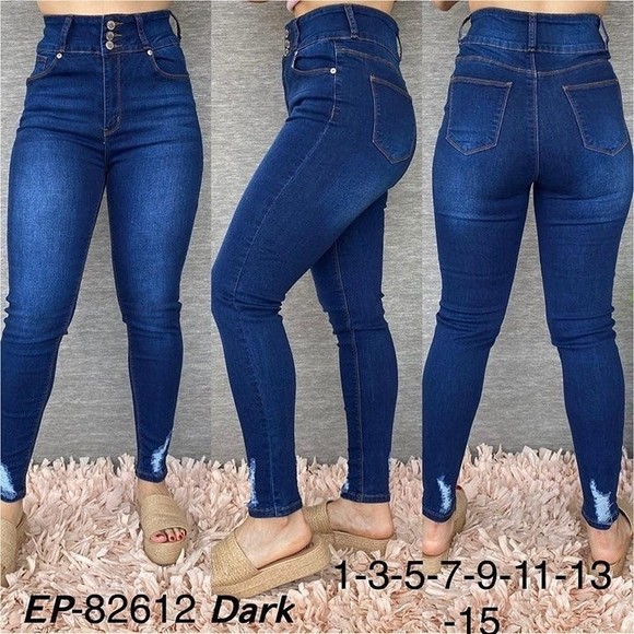ELLX SIZE 13 DARK WASH HIGH RISE STRETCH SKINNY JEANS DISTRESSED HEM - Picture 1 of 9